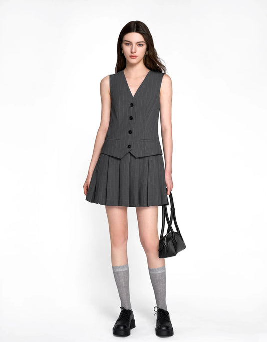Faux Two-piece Pleated Skirt Vest Style Dress