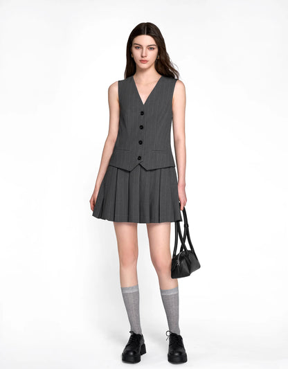 Faux Two-piece Pleated Skirt Vest Style Dress